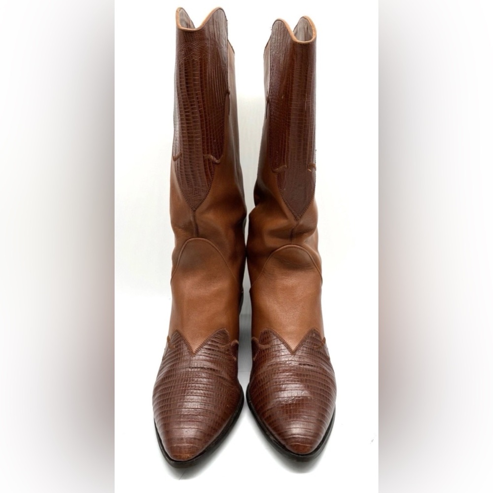 Nine West Brown Leather Western Boots Sz 9 Snakeskin Embossed Mid Calf - Picture 5 of 7